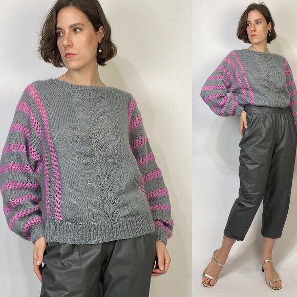 Vintage 1980s Hand Knit Grey & Purple Striped Mohair Cable Knit Sweater! Medium - Picture 1 of 3